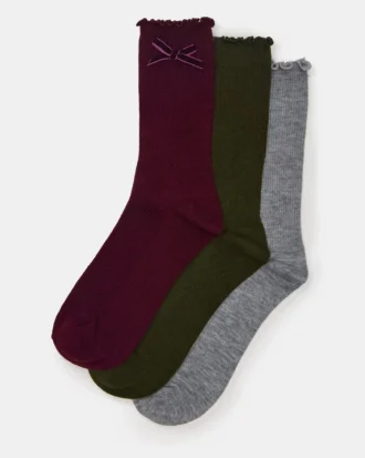 Συσκευασία 3 ζευγών κάλτσες Folly Velvet Bow Rib Crew σε χρώμα κεράσι